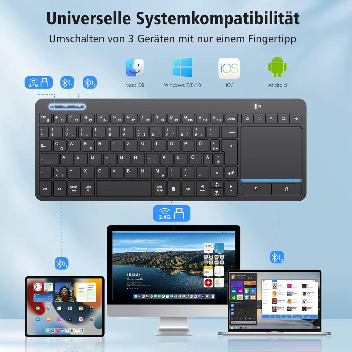 Kabellose Bluetooth-Tastatur mit Touchpad(Dual BT+2.4G USB)mit Touch-Trackpad Schwarz