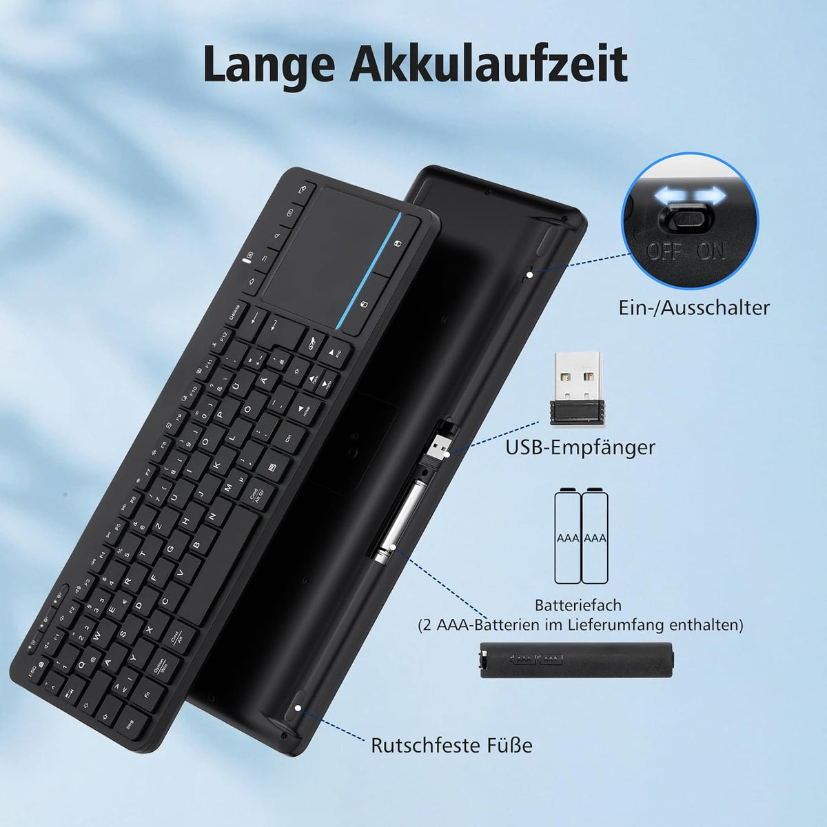 Kabellose Bluetooth-Tastatur mit Touchpad(Dual BT+2.4G USB)mit Touch-Trackpad Schwarz