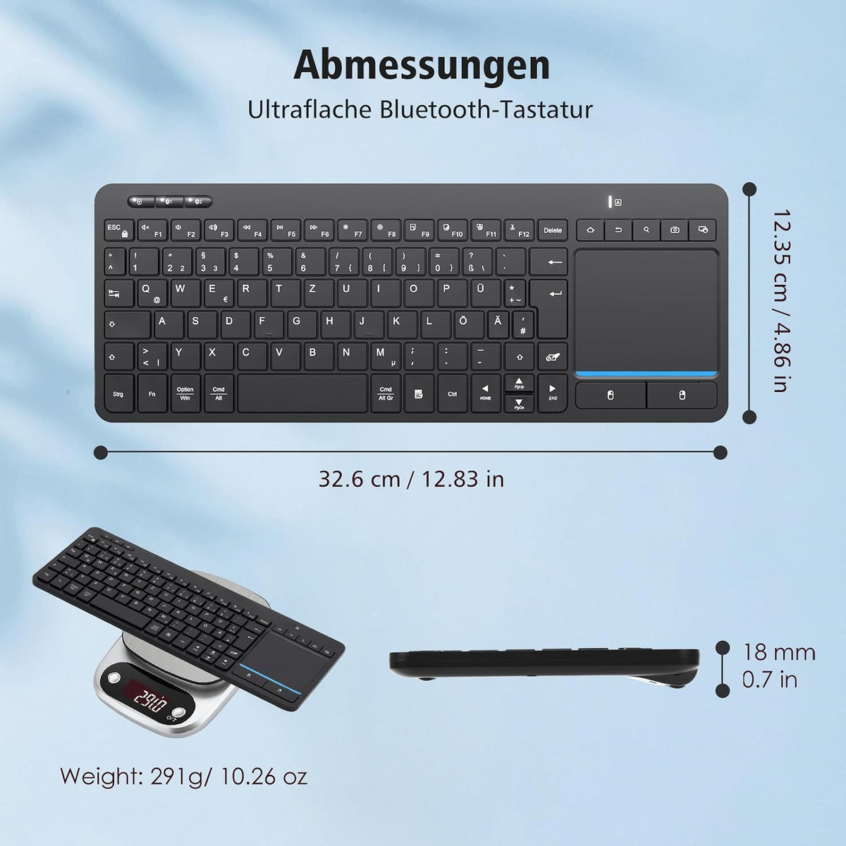 Kabellose Bluetooth-Tastatur mit Touchpad(Dual BT+2.4G USB)mit Touch-Trackpad Schwarz