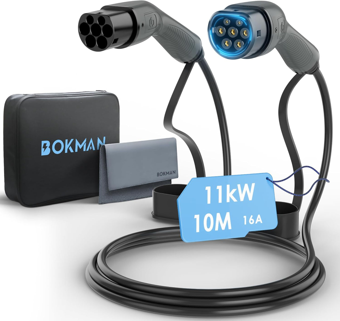 BOKMAN Typ 2 Ladekabel, Modus 3 / 16A / 11 kW / 3-Phasig / 10 Meter, Typ 2 auf Typ 2 EV Ladekabel für Elektroauto mit Tragetasche und Mikrofasertuch