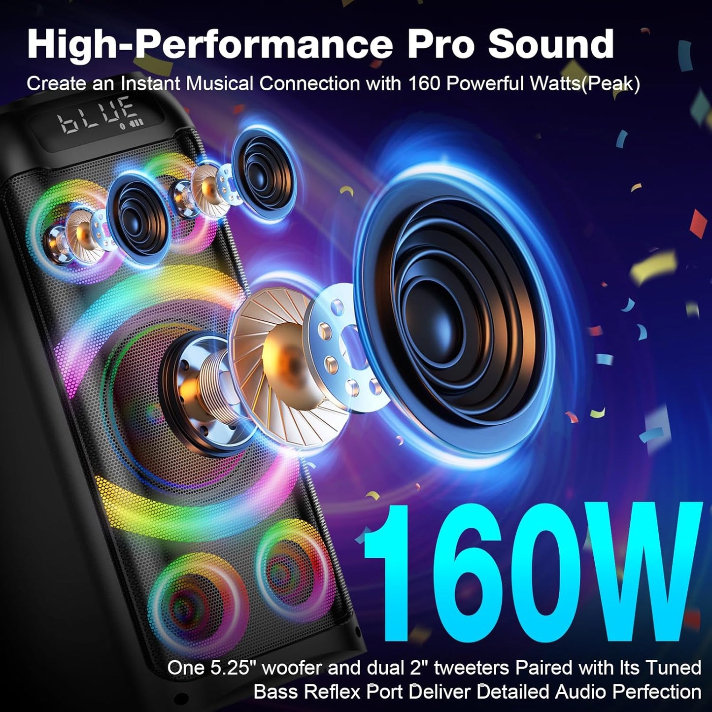 Bohini Bluetooth-Lautsprecher, 160 W Spitze, leistungsstark, laut, Stereo-Sound,tiefer Bass
