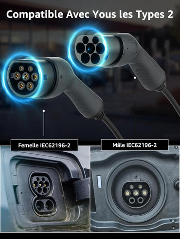 Câble de charge BOKMAN Typ 2, mode 3 / 16A / 11 kW / triphasé / 10 mètres, câble de charge Typ 2 sur Typ 2 EV pour voiture électrique avec pinces et micro-chargeurs