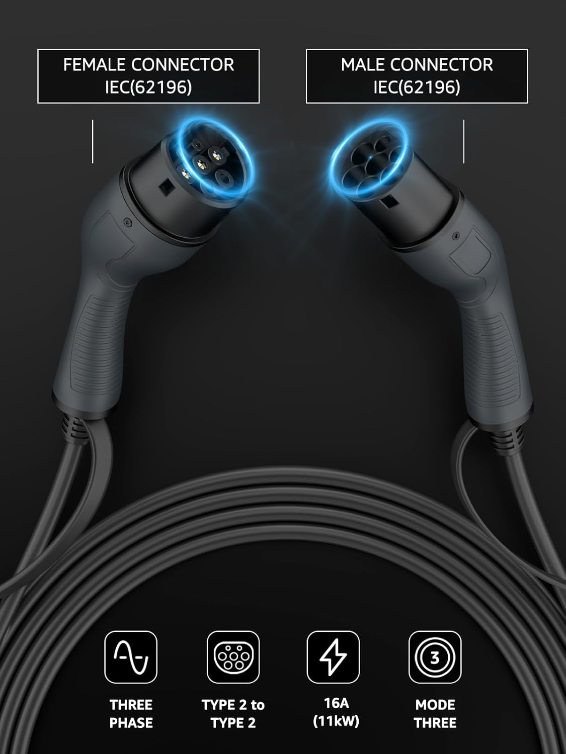 BOKMAN Typ 2 Ladekabel, Modus 3 / 16A / 11 kW / 3-Phasig / 10 Meter, Typ 2 auf Typ 2 EV Ladekabel für Elektroauto mit Tragetasche und Mikrofasertuch