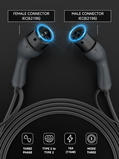 BOKMAN Typ 2 Ladekabel, Modus 3 / 16A / 11 kW / 3-Phasig / 10 Meter, Typ 2 auf Typ 2 EV Ladekabel für Elektroauto mit Tragetasche und Mikrofasertuch