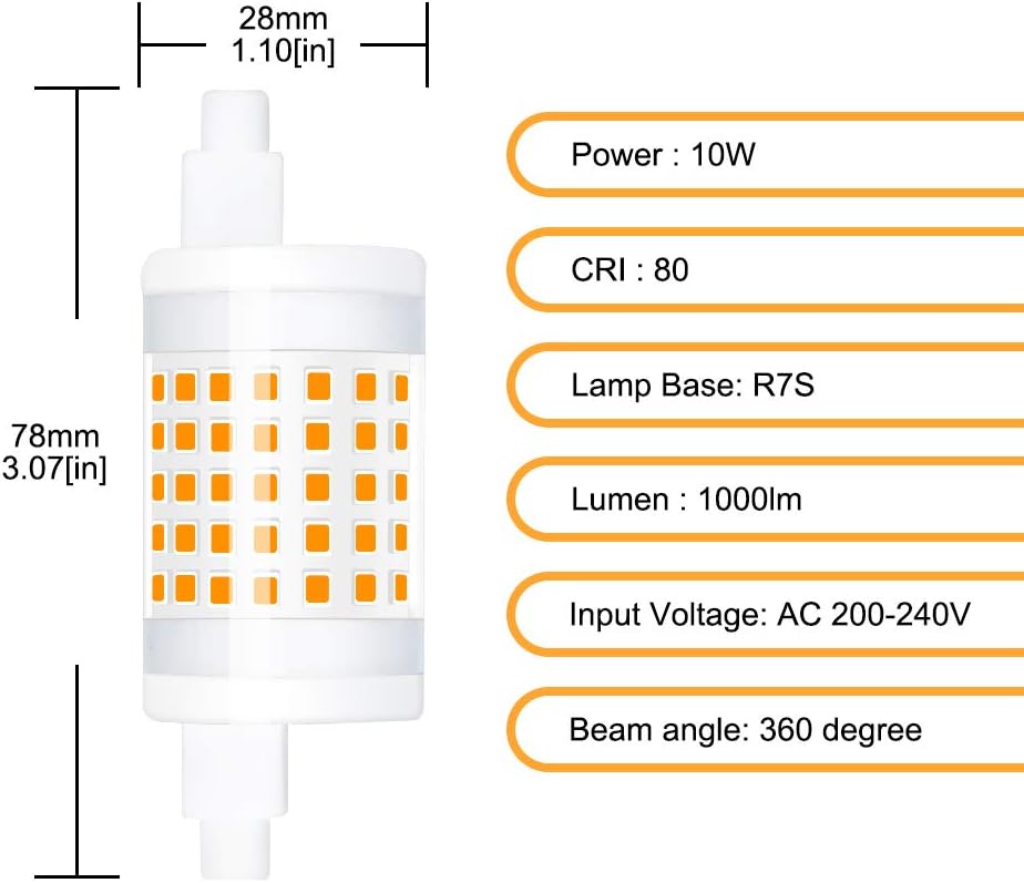 2 x R7s 10W LED 78mm Dimmbare Keramik-Lampe 220V 1000LM Warmweiß 3000K mit SMD2835 LED-Röhre 360° Ersatz für 100W Halogenlampe [Energieklasse E]