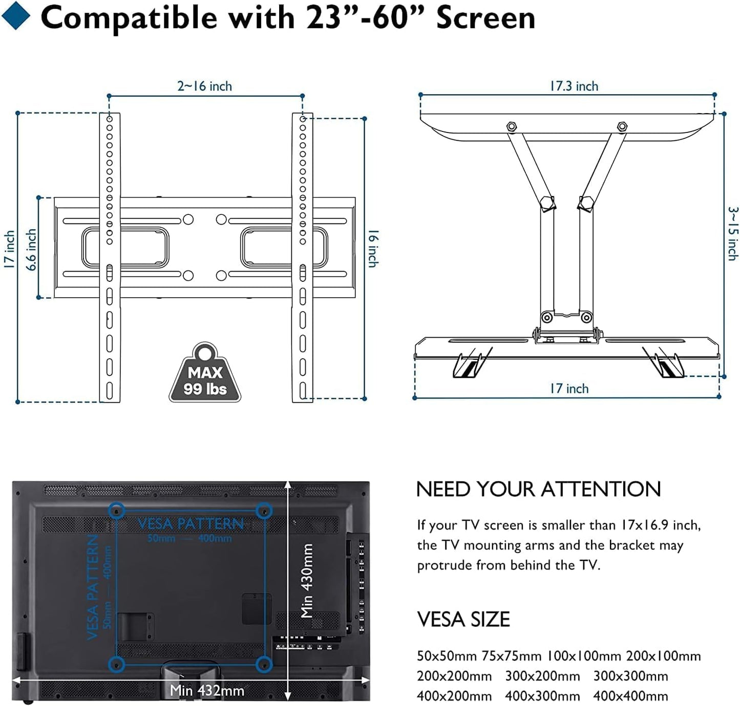 BONTEC TV Wandhalterung Schwenkbar Neigbar für 23-60 Zoll Flach & Curved