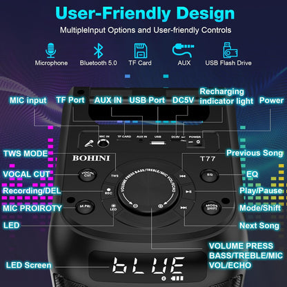 Bohini Bluetooth-Lautsprecher, 160 W Spitze, leistungsstark, laut, Stereo-Sound,tiefer Bass