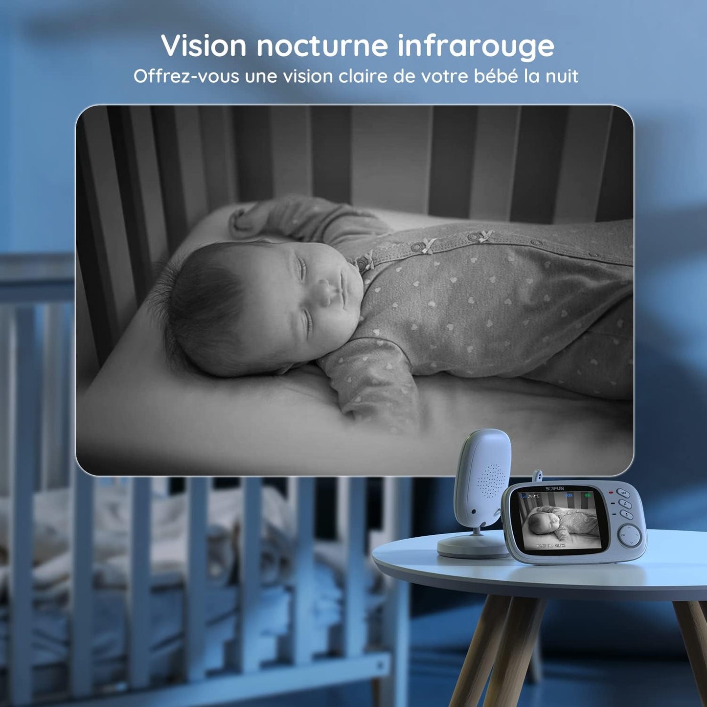 BOIFUN Babyphone mit Kamera, VOX Babyfon, Nachtsicht Baby, Wecker, Temperaturüberwachung, Video Überwachung mit 3.2" Digital LCD Bildschirm Wireless,Gegensprechfunktion, Wiederaufladbar, 240p