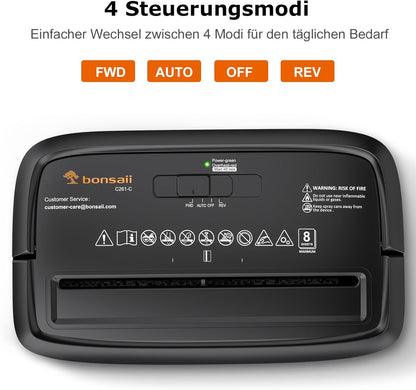 Bonsaii Aktenvernichter 8 Blatt, Papierschredder mit Sicherheitsstufe P-4 C261-C Schwarz