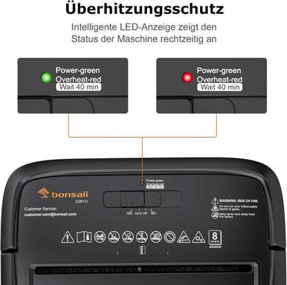 Bonsaii Aktenvernichter 8 Blatt, Papierschredder mit Sicherheitsstufe P-4 C261-C Schwarz