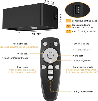 BOBOPAI Kabellos Akku Wandleuchte mit Bewegungsmelder,Timing-Funktion, 6W LED Dimmbare Schwarz