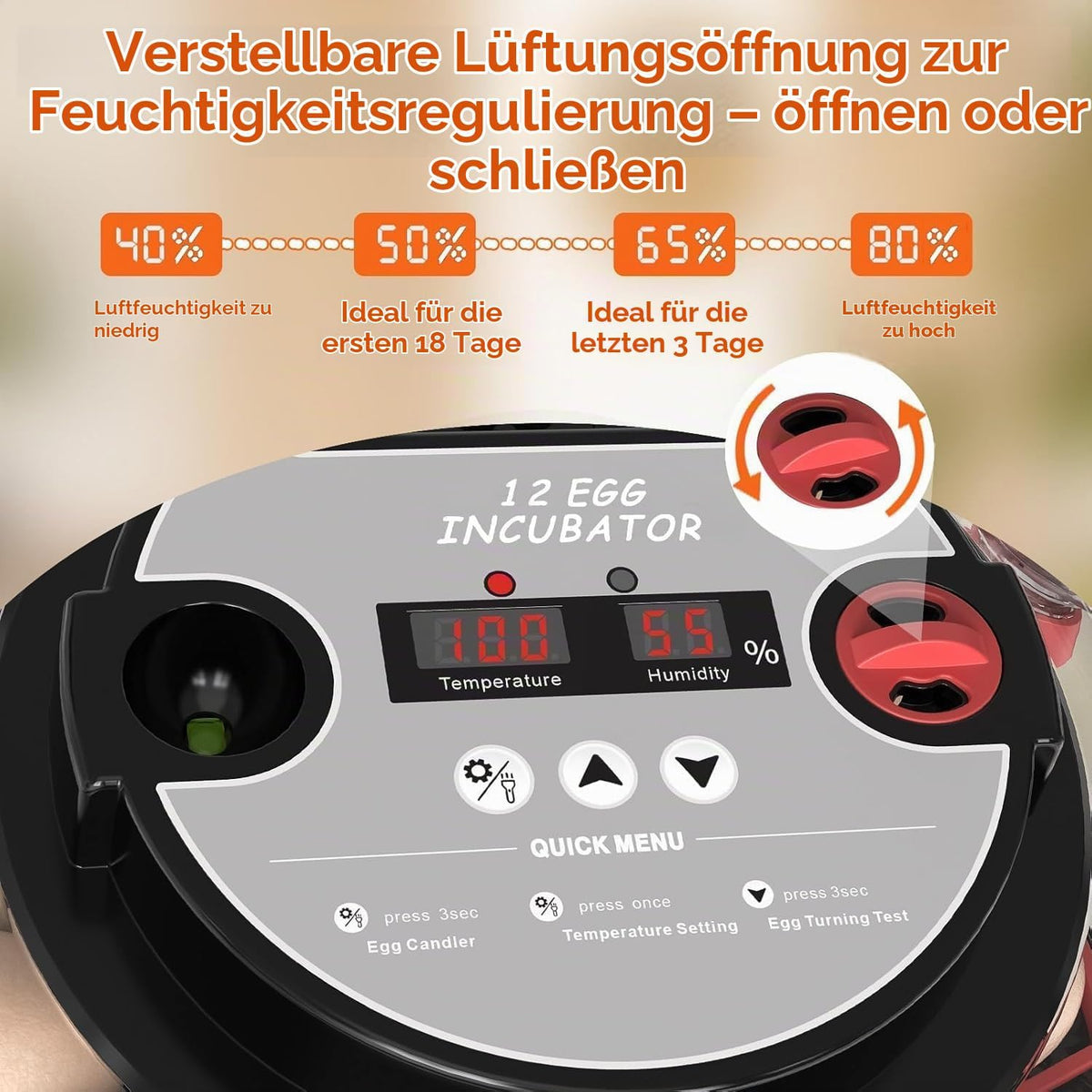 Brutautomat Vollautomatisch, Inkubator Hühner 12 Eier mit Automatische Wasserversorgung&Eierwender