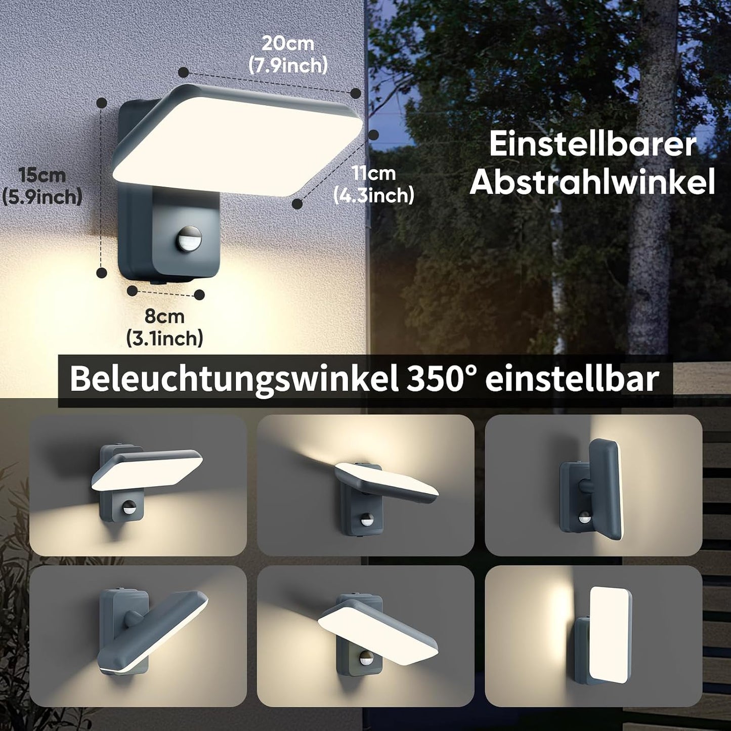 Brightower 24W Außenwandleuchte mit Bewegungsmelder,IP65 LED,Schwenkbar (Anthrazit)