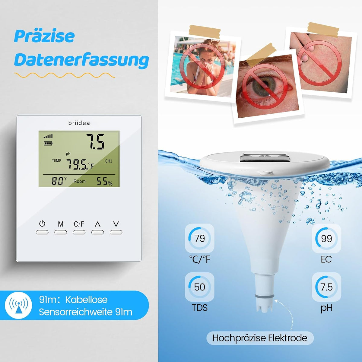 briidea Kabelloses Digitales Schwimmbad-Wasserprüfgerät Mit Zwei Displays