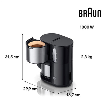 Braun PurShine KF1505 BK Filterkaffeemaschine, 1,2L 1000W Edelstahl-Thermokanne Schwarz