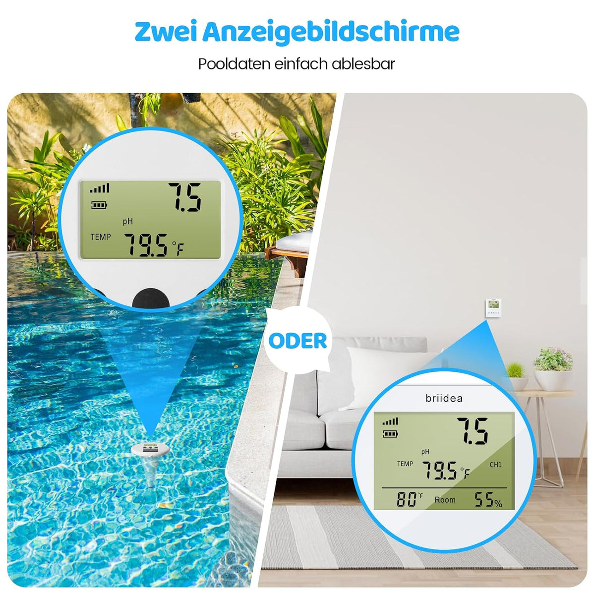briidea Kabelloses Digitales Schwimmbad-Wasserprüfgerät Mit Zwei Displays