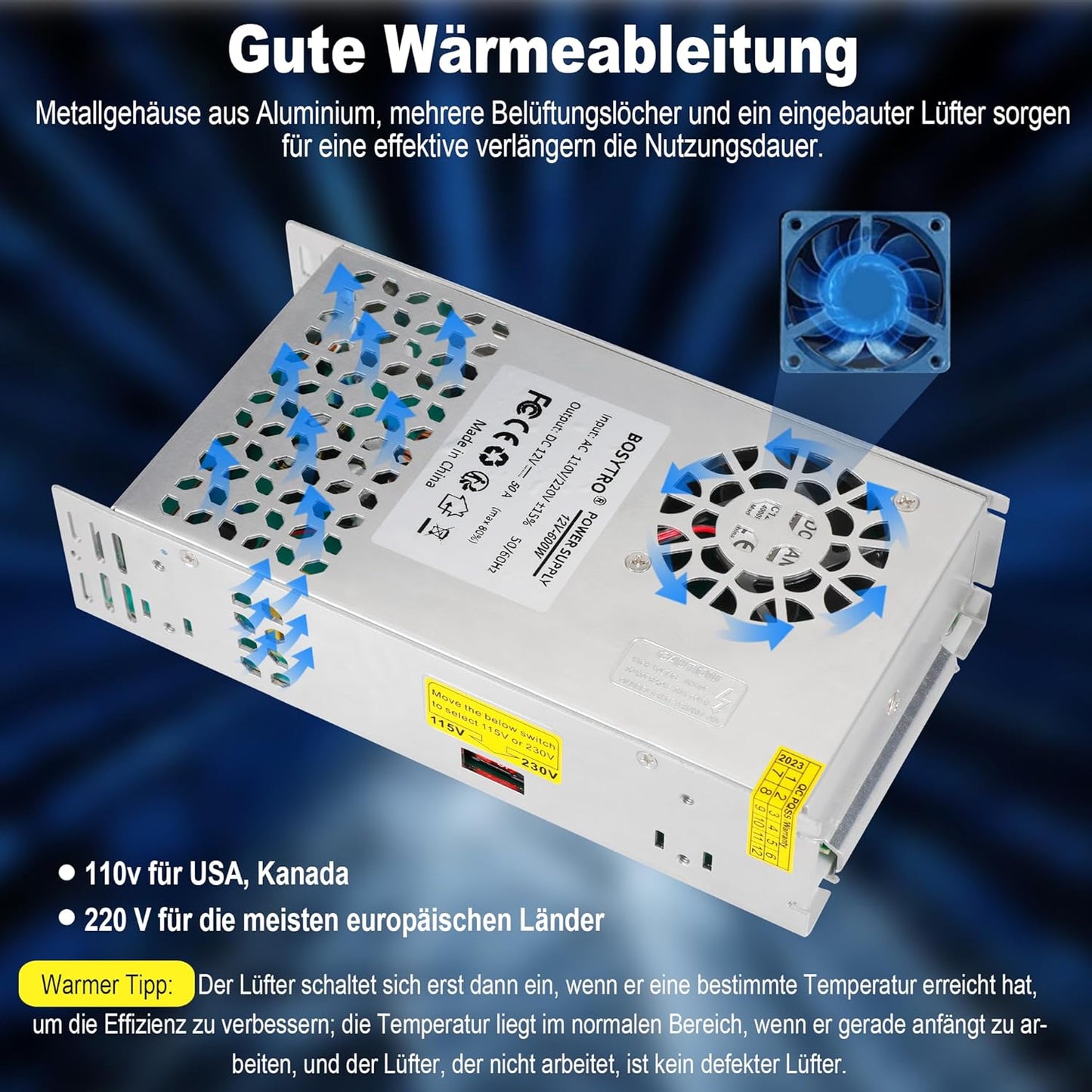 Bosytro 12V 50A 600W Schaltnetzteil, 12V Universal geregelter Netzteil (SMPS) LED Trafo