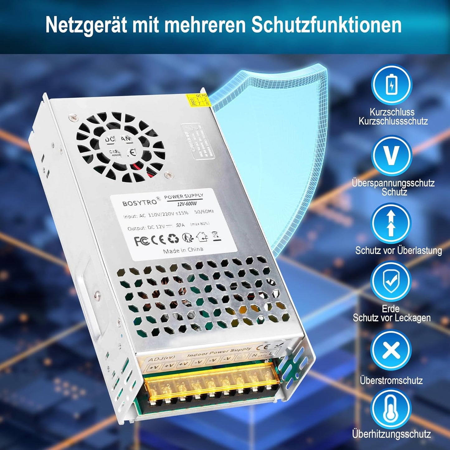 Bosytro 12V 50A 600W Schaltnetzteil, 12V Universal geregelter Netzteil (SMPS) LED Trafo