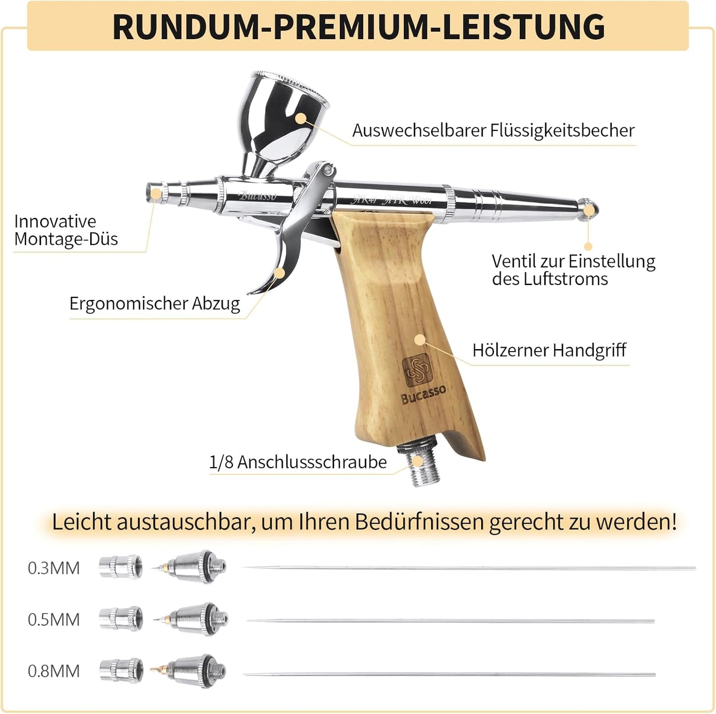 Bucasso Airbrush Kit, Air Brush Sprühpistole mit 0,3 mm/0,5 mm/0,8 mm Nadeln/Düsen-Sets