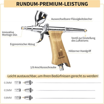 Bucasso Airbrush Kit, Air Brush Sprühpistole mit 0,3 mm/0,5 mm/0,8 mm Nadeln/Düsen-Sets