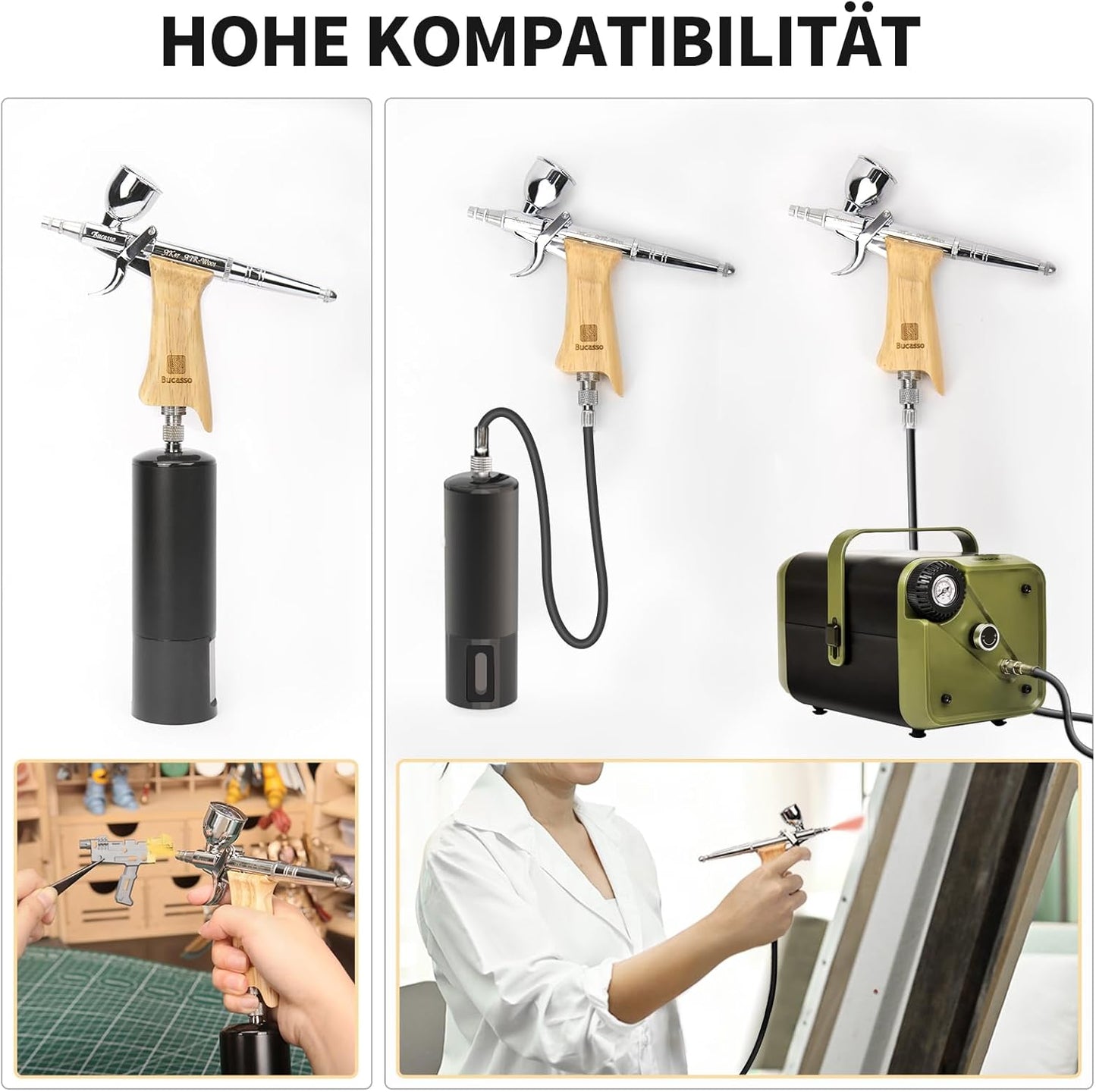 Bucasso Airbrush Kit, Air Brush Sprühpistole mit 0,3 mm/0,5 mm/0,8 mm Nadeln/Düsen-Sets
