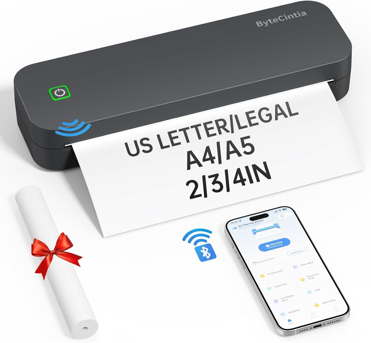 ByteCintia Mobiler Drucker Bluetooth Thermodrucker A4, Tragbarer  210x297mm Grau
