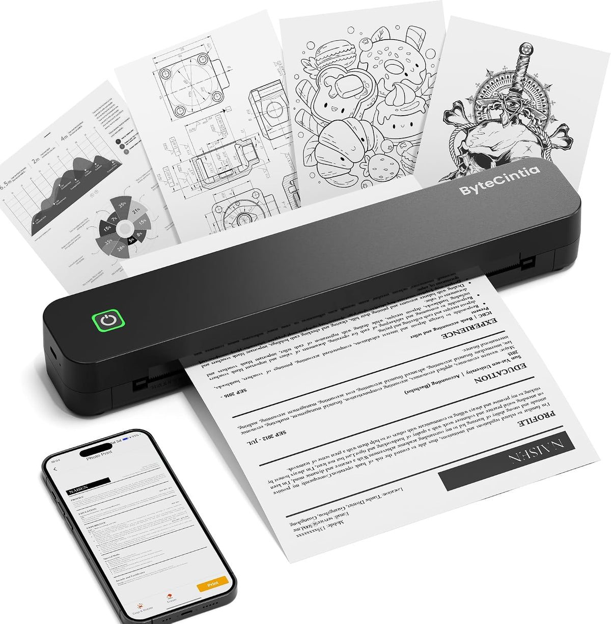 ByteCintia Tragbarer Thermodrucker A4 C80S, Tintenlos Bluetooth, Schwarz 