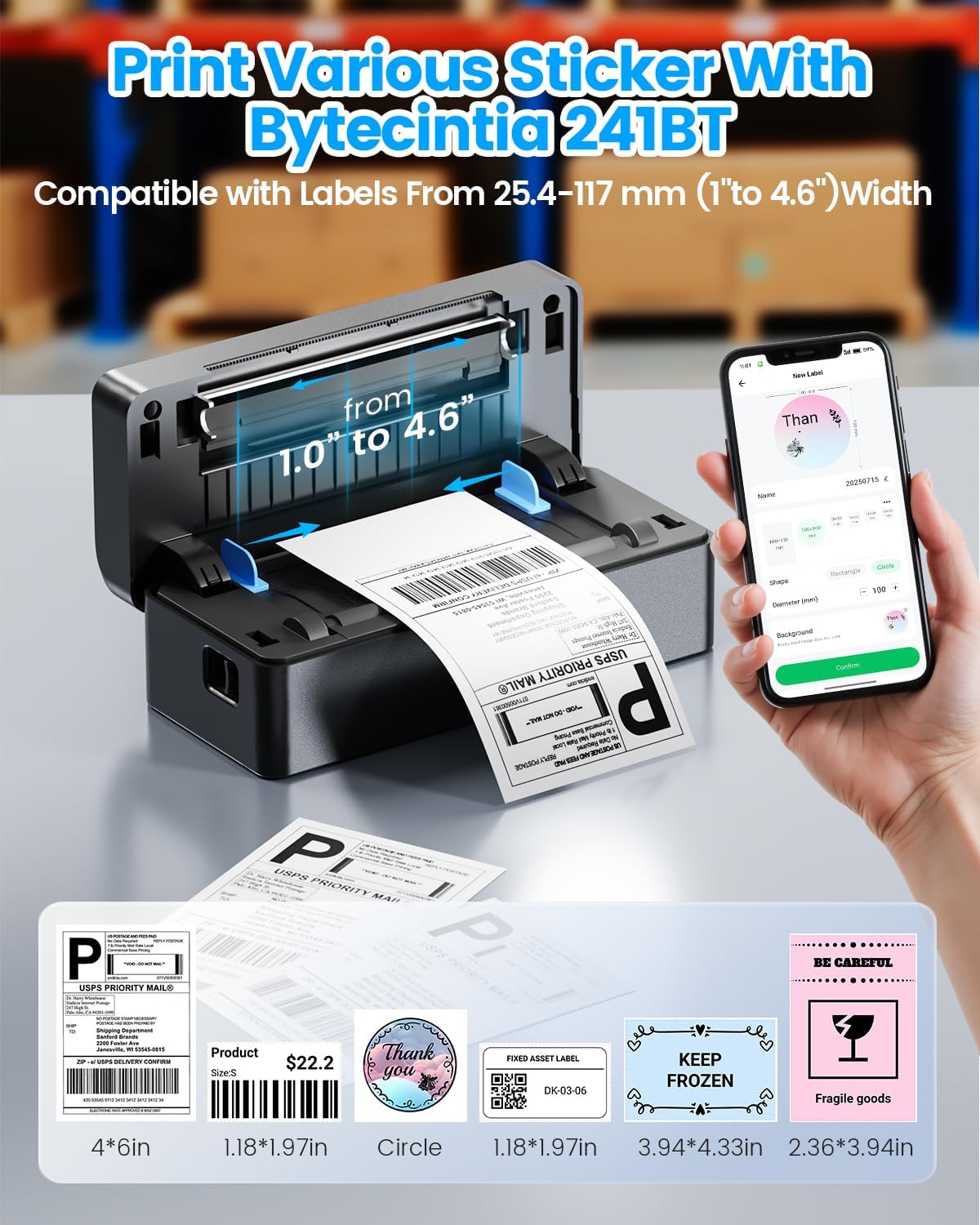 ByteCintia Bluetooth Etikettendrucker, DHL Thermodrucker 4x6 Label Printer