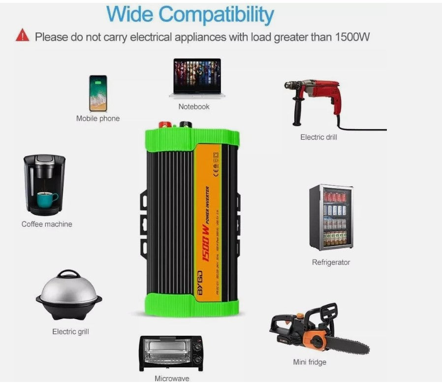 BYGD Wechselrichter Stromwandler | 12V zu 220V 230V 1500W