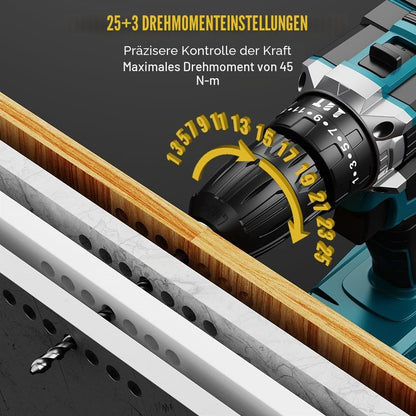 CONENTOOL 21V Akku Bohrschrauber, Schlagbohrschrauber mit 45Nm Drehmoment, 2× 2,0Ah Akkus