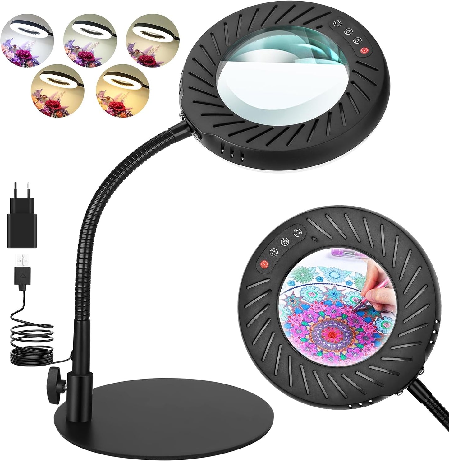 Coteck 12X Lupe mit Licht und Ständer, 5 Farbmodi Dimmbar,Flexible Schwanenhals LED