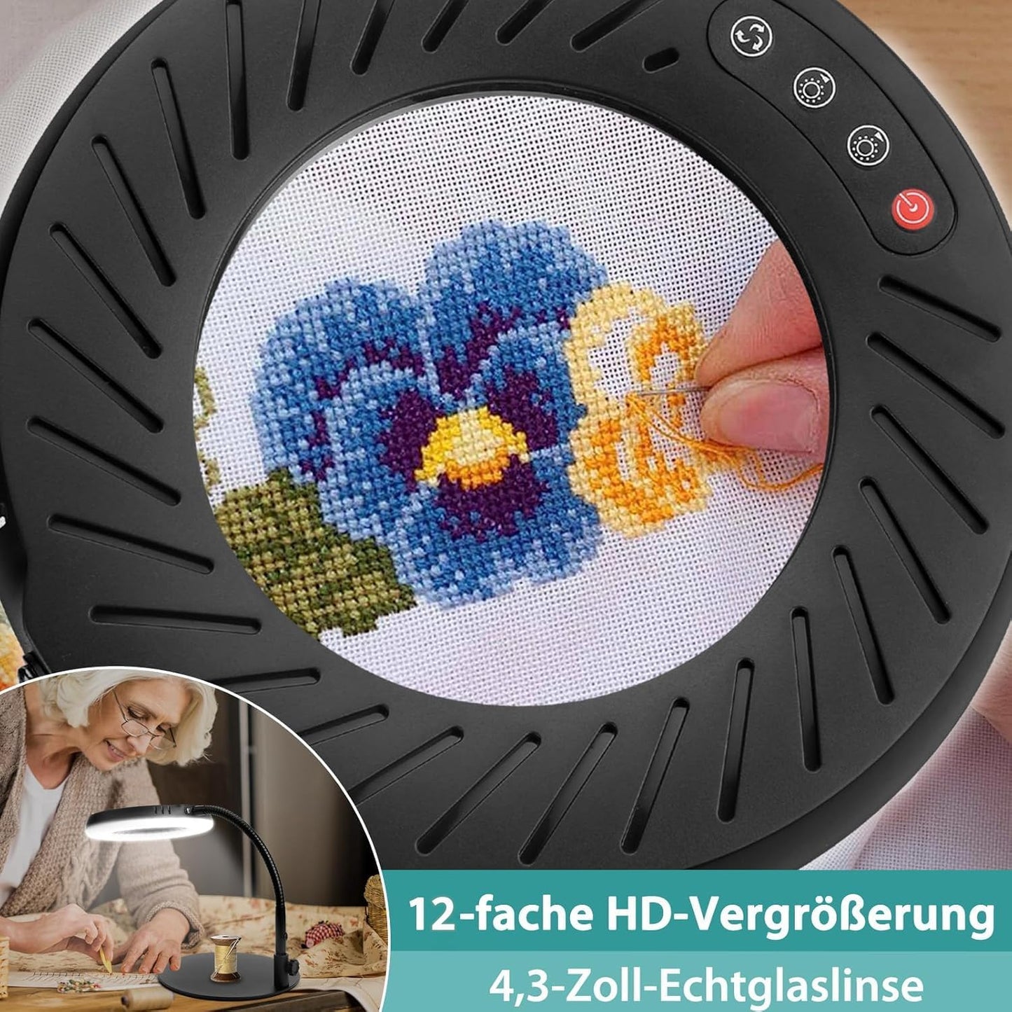 Coteck 12X Lupe mit Licht und Ständer, 5 Farbmodi Dimmbar,Flexible Schwanenhals LED