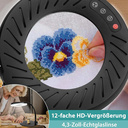 Coteck 12X Lupe mit Licht und Ständer, 5 Farbmodi Dimmbar,Flexible Schwanenhals LED