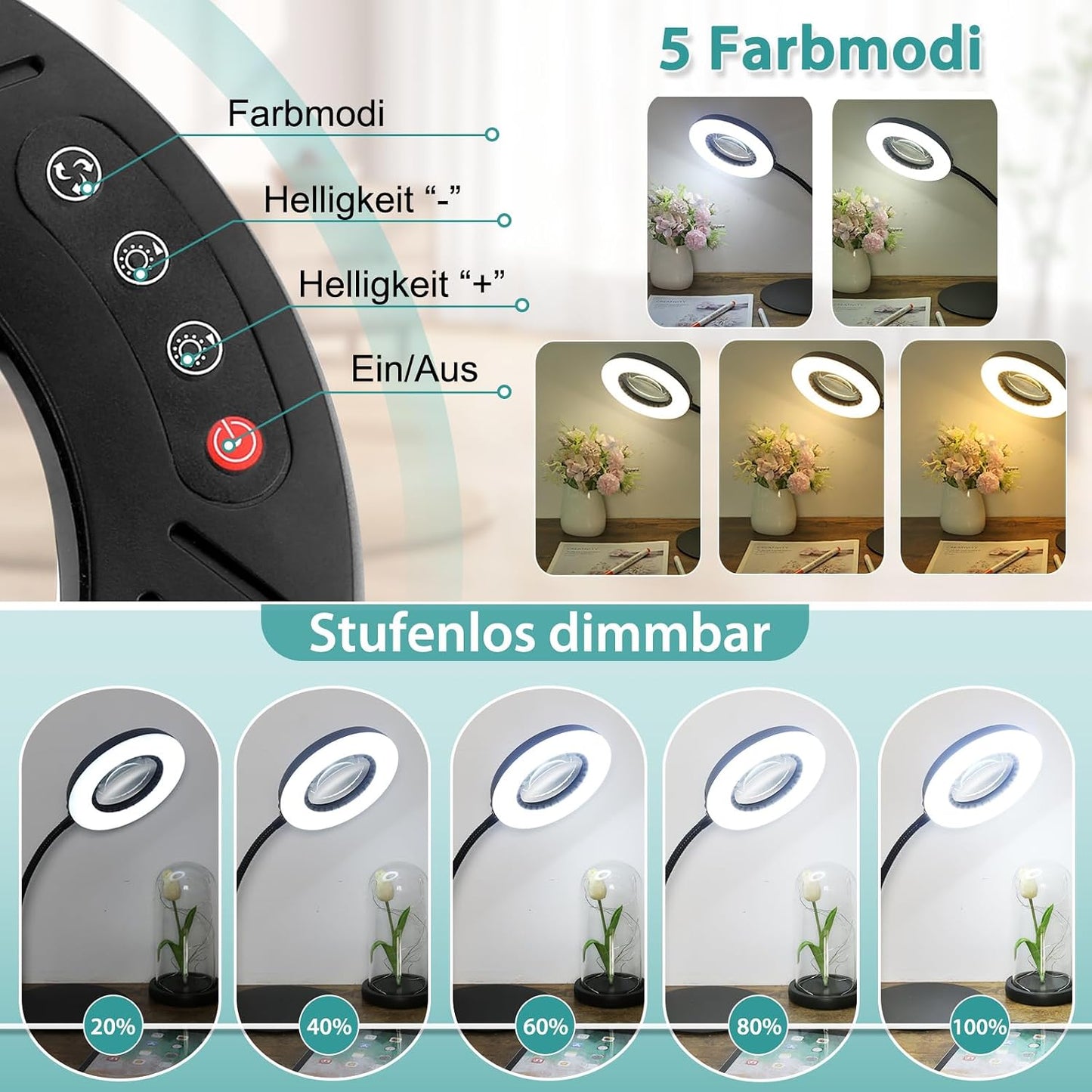 Coteck 12X Lupe mit Licht und Ständer, 5 Farbmodi Dimmbar,Flexible Schwanenhals LED