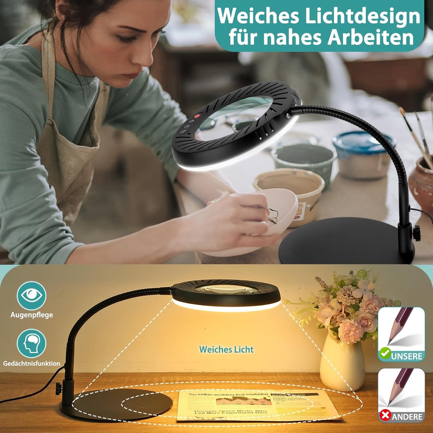 Coteck 12X Lupe mit Licht und Ständer, 5 Farbmodi Dimmbar,Flexible Schwanenhals LED