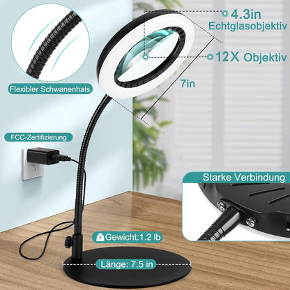 Coteck 12X Lupe mit Licht und Ständer, 5 Farbmodi Dimmbar,Flexible Schwanenhals LED