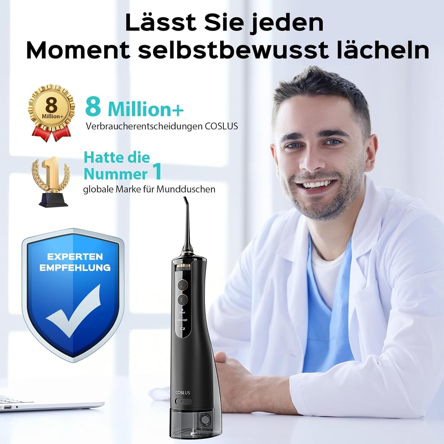 COSLUS Munddusche Kabellos Zahnreiniger 300ml Zähne Flosser