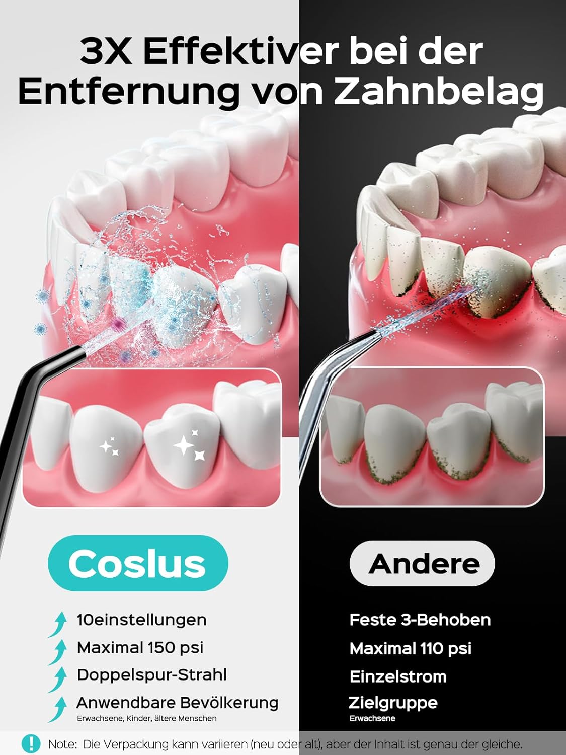 COSLUS Munddusche Kabellos Zahnreiniger 300ml Zähne Flosser