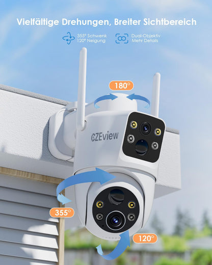 CZEview G6 Pro 4MP Überwachungskamera Aussen Solar, 2.4GHz  360° PTZ,Dual PIR