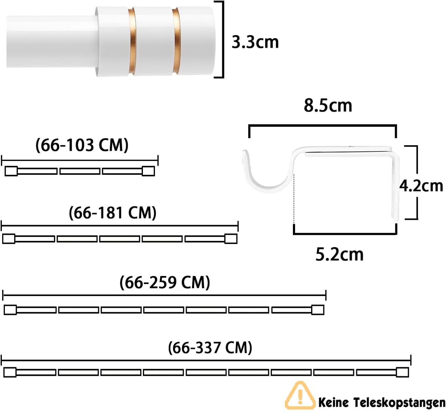 Poteaux de jardin disponibles avec pinces à embouts cylindriques 64-337 cm pour fenêtres d'habitation et de soins, blancs (2,5 cm de diamètre)