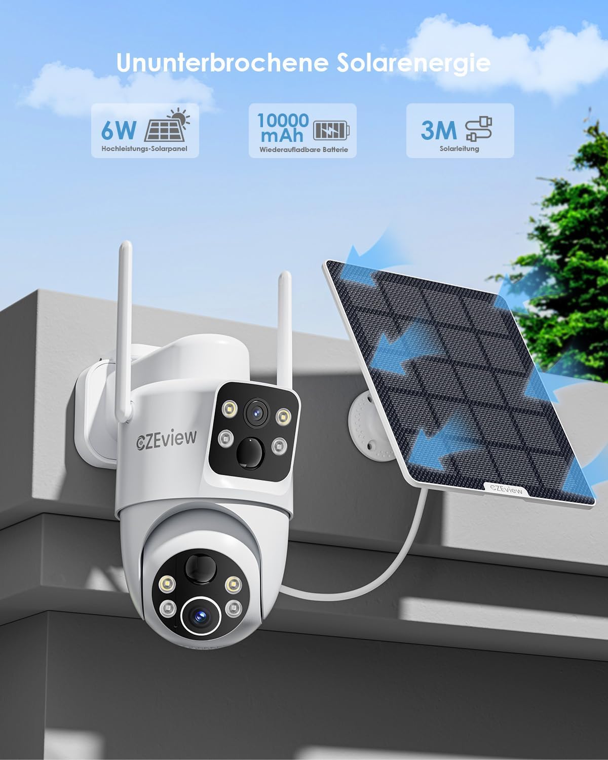 CZEview G6 Pro 4MP Überwachungskamera Aussen Solar, 2.4GHz  360° PTZ,Dual PIR