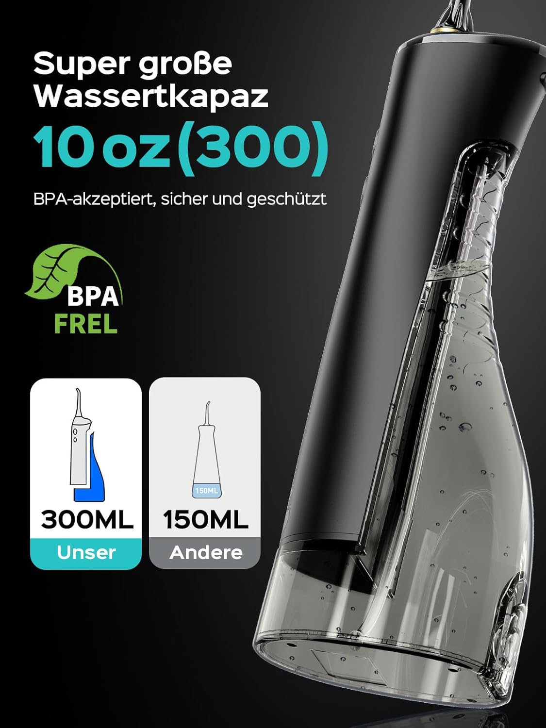 COSLUS Munddusche Kabellos Zahnreiniger 300ml Zähne Flosser