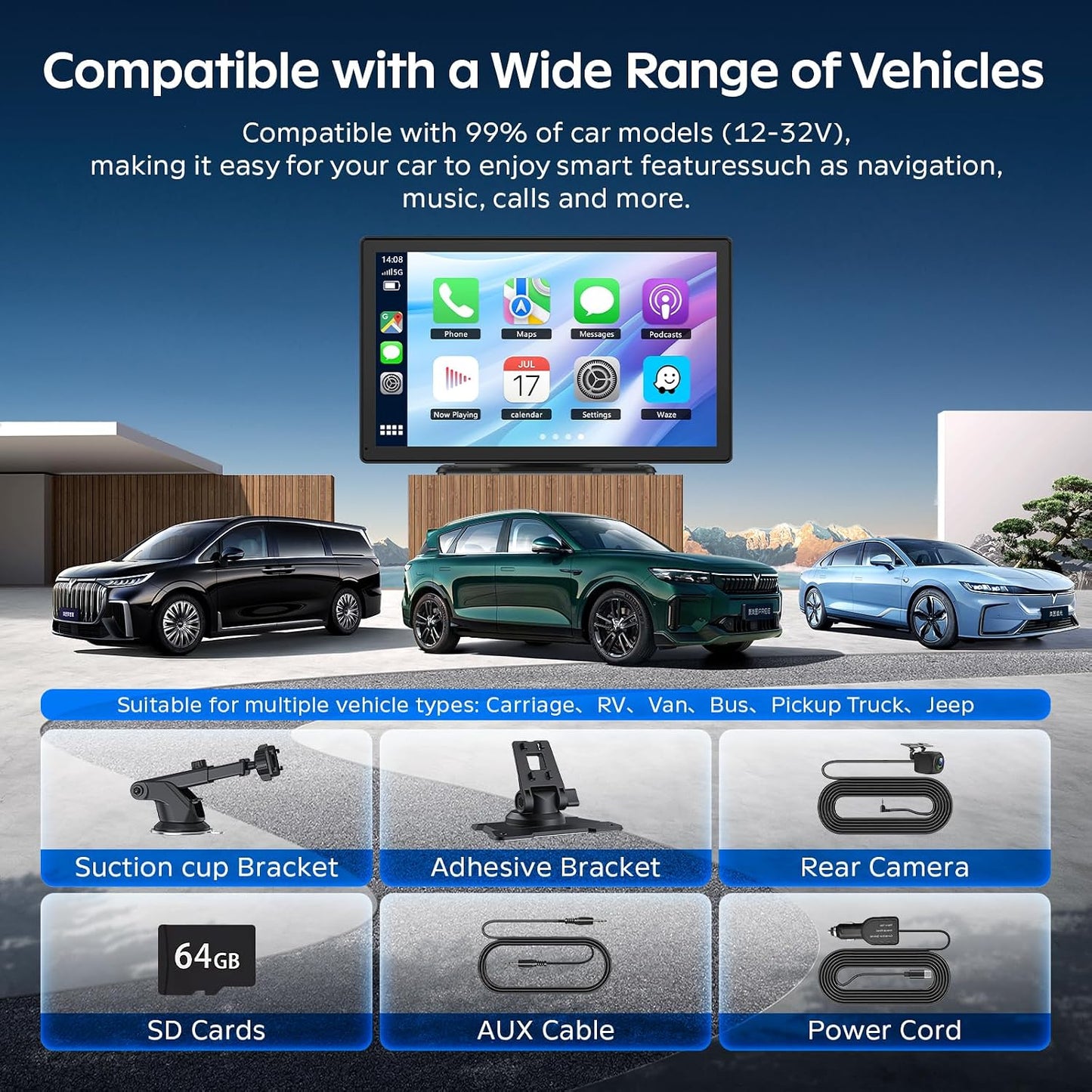 CGSGDK 9" Wireless Tragbarers CarPlay Display für Apple Carplay & Android Auto
