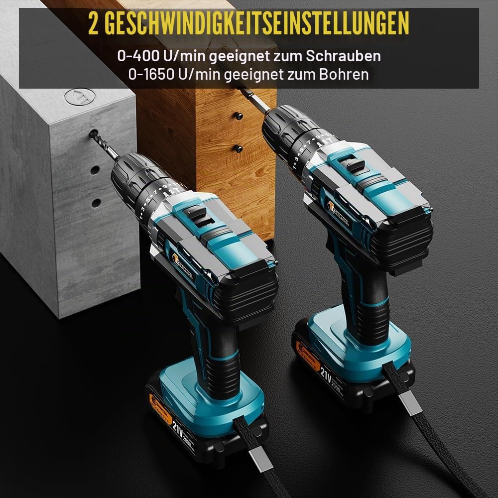 CONENTOOL 21V Akku Bohrschrauber, Schlagbohrschrauber mit 45Nm Drehmoment, 2× 2,0Ah Akkus