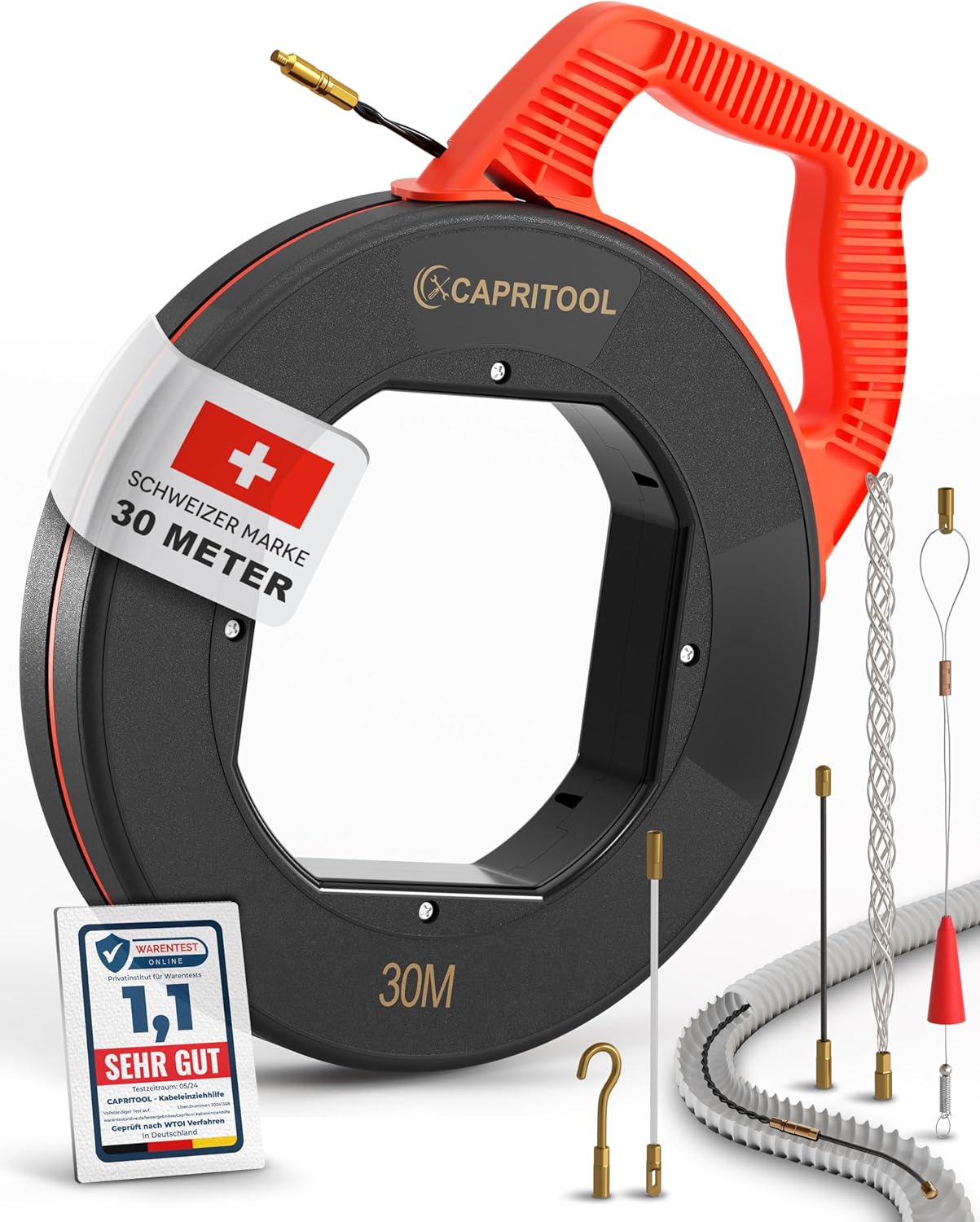 Capritool Kabeleinziehhilfe 30m Flexible Einziehfeder und Zugdraht inkl. 5 Adapter
