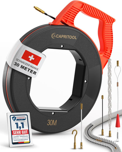 Capritool Kabeleinziehhilfe 30m Flexible Einziehfeder und Zugdraht inkl. 5 Adapter