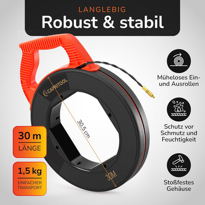 Capritool Kabeleinziehhilfe 30m Flexible Einziehfeder und Zugdraht inkl. 5 Adapter