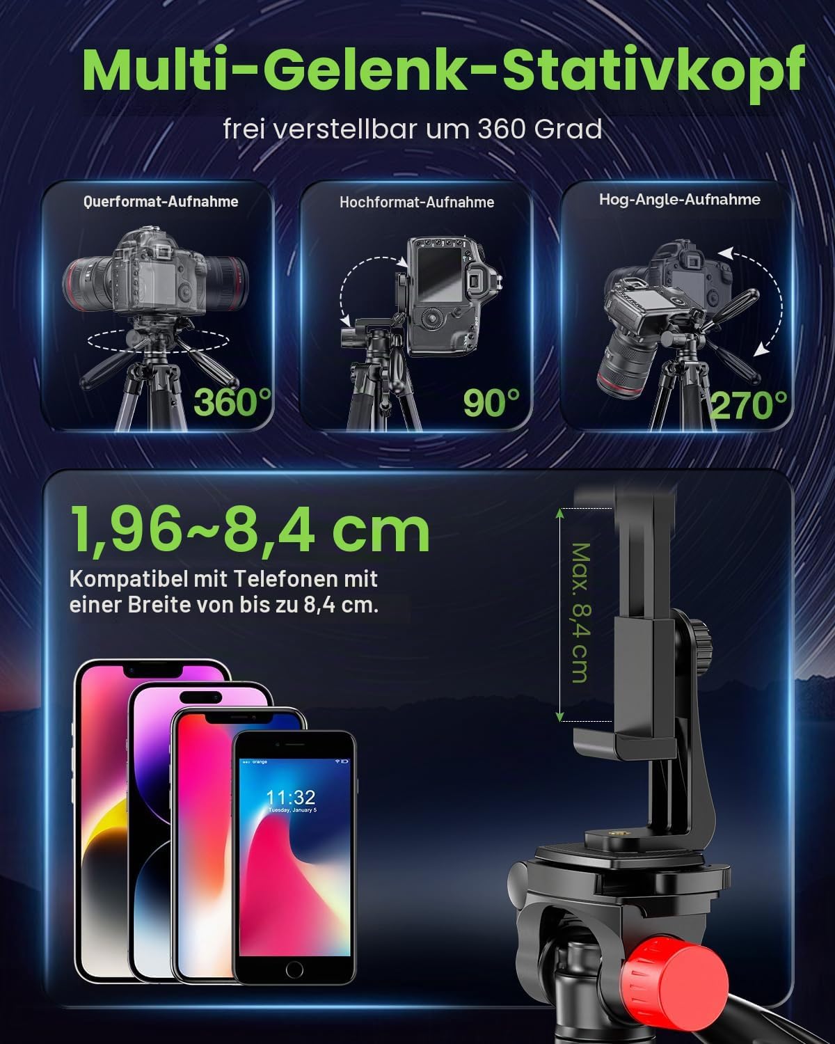 CAMBOFOTO 188 cm Kamerastativ,Stativ mit Reisetasche für spiegellose DSLR/Handy/Camcorder