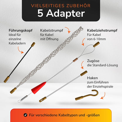 Capritool Kabeleinziehhilfe 30m Flexible Einziehfeder und Zugdraht inkl. 5 Adapter