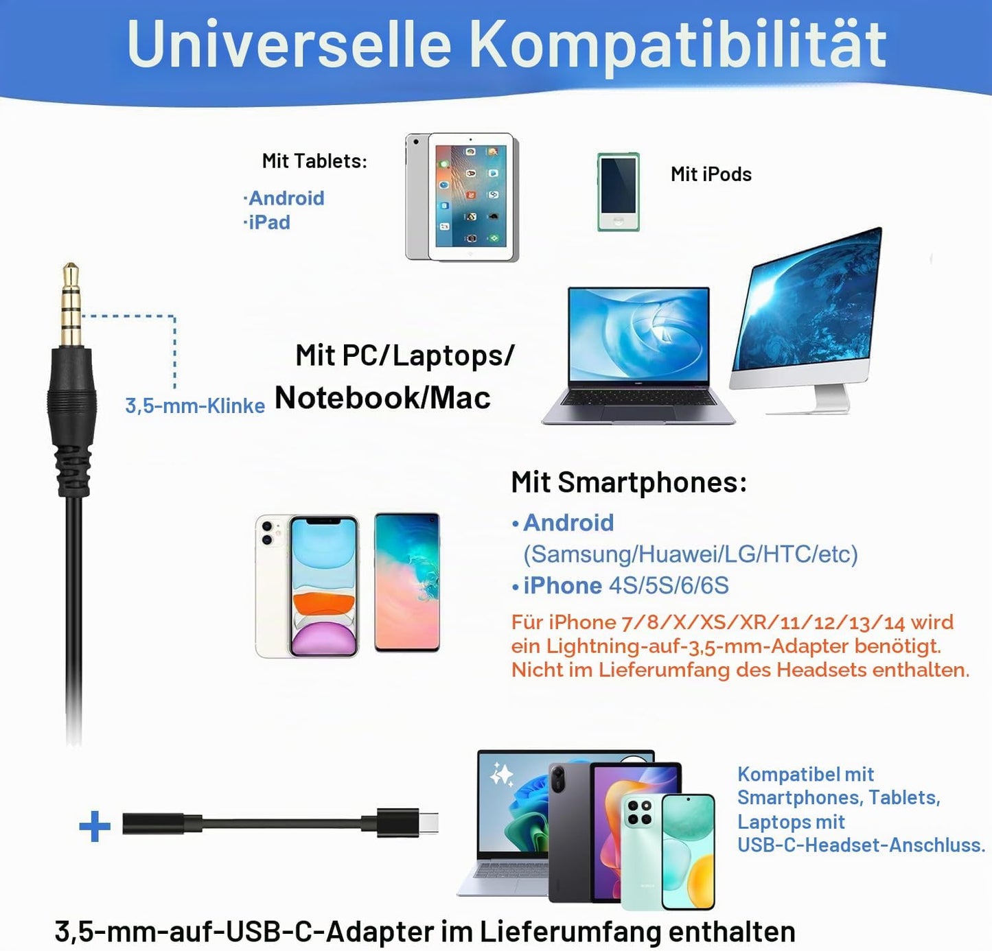 Callez Headset Handy mit 3,5mm Klinke Mikrofon Büro Kopfhörer Noise Cancelling